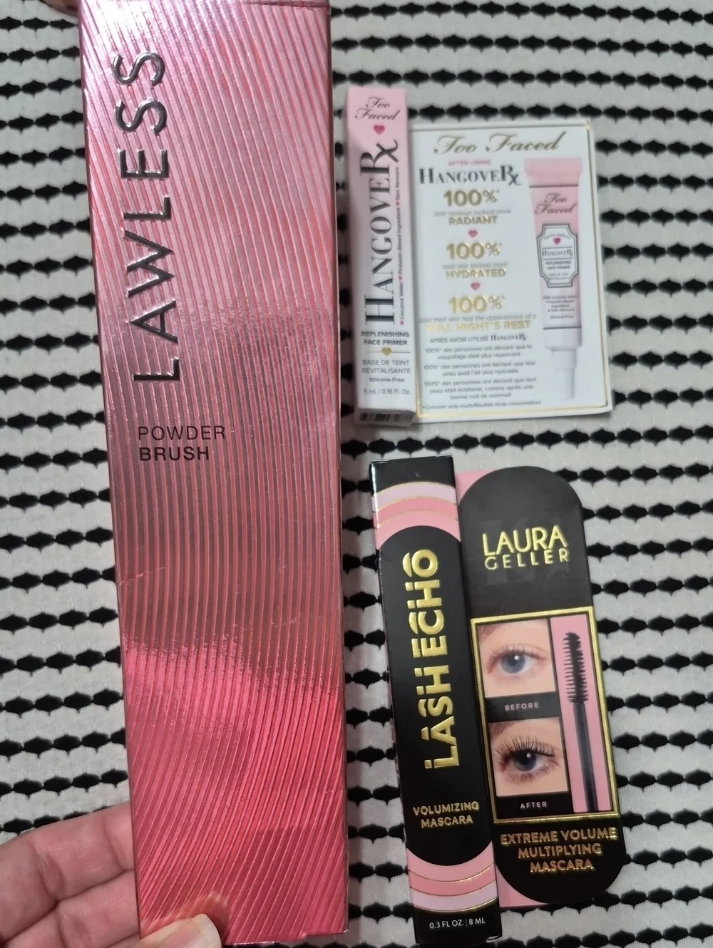 Too Faced Pink Fluted Flawless Powder Brush with Pink and Black Packaging